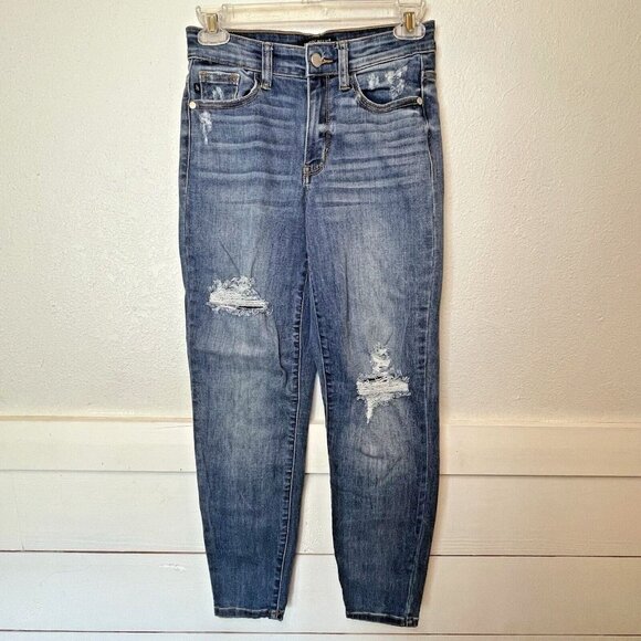 Judy Blue Slim Fit Jeans 0/24‎ Distressed Medium Wash Mid Rise Stretch Denim - Picture 1 of 13